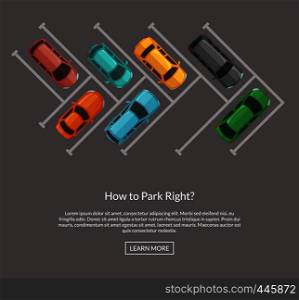 Vector parking lot with cars top view illustration. Auto parking street. Vector parking lot with cars top view illustration