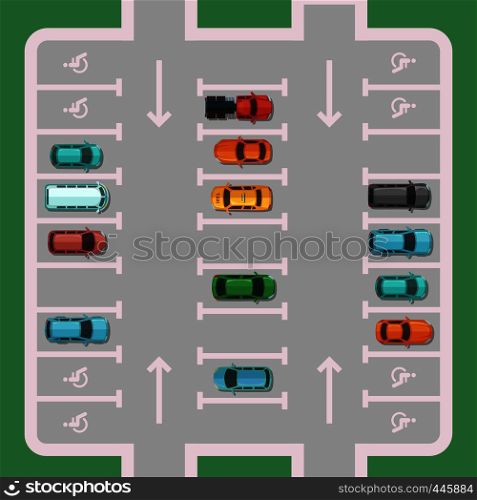 Vector parking lot with places for disabled people with cars top view illustration. Vector parking lot with places for disabled people