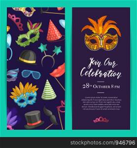 Vector party invitation template with masks and party accessories. Banner carnival party, masquerade event venetian illustration. Vector party invitation template with masks and party accessories