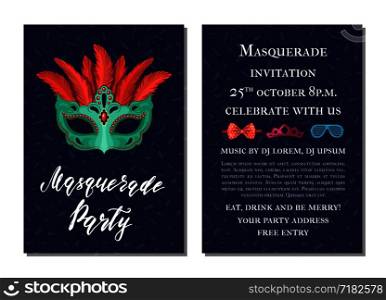 Vector party invitation template with masks and party accessories illustration. Vector party invitation with masks and party