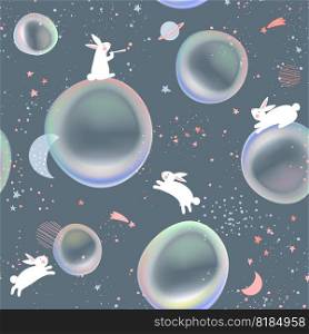 Vector Pastel Colors Bubbles and Rabbits in Outer Space Dream Seamless Pattern for Kid and Baby Fabric or Wrapping Paper Printing.