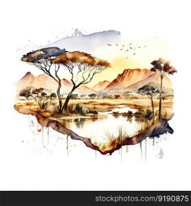 Vector pastel horizontal illustration with African landscape, meadow grass and acacia.. Watercolor Vector pastel horizontal illustration with African landscape, meadow grass and acacia.
