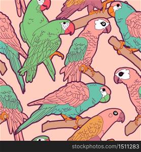 Vector Pastel Parrots Birds Seamless Pattern, Pink & Turquoise Themed Color.