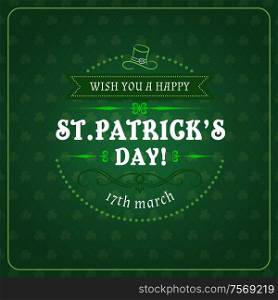 Vector Patricks Day lettering on green shamrock leaves, leprechauns hat and three-leaf clovers, frame and fest invitation. Wish you happy Patricks day greetings on Irish holiday celebrated on 17 March. Patricks day greetings in frame, Irish holiday