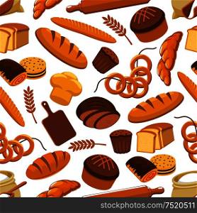 Vector pattern of bread and bakery products. Seamless pattern of wheat and rye bread sorts, loaf, bagel, croissant. Patisserie elements bun, cake, cupcake, chocolate roll, rolling pin, cuting board. Kitchen decoration design. Vector pattern of bread and bakery products