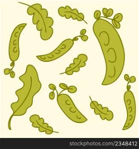 Vector pattern of bright green leaves and pea pods