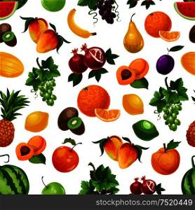 Vector pattern of fresh fruits with leaves. Bunches of white grape, pomegranate, apricot andpear, banana and peach, pineapple, lime and kiwi, mango. Exotic and tropical fruits seamless pattern. Vector pattern of fresh fruits with leaves