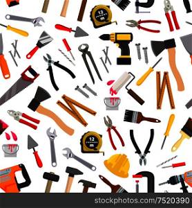 Vector pattern of repair working tools. Vector pattern of working tool paint roll brush, hammer, ax, ruler, level, file, electric saw, hand saw hatchet, ruler, spanner. Construction and carpentry design. Vector pattern of repair working tools