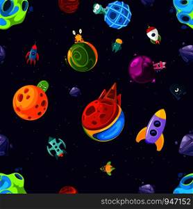 Vector pattern or background illustration with cartoon space planets and ships. Pattern space with planet alien and spaceship extraterrestrial. Vector pattern or background illustration with cartoon space planets and ships