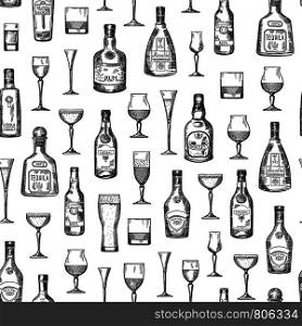 Vector pattern or background illustration with hand drawn alcohol drink bottles and glasses. Vector pattern or background illustration alcohol drink bottles and glasses