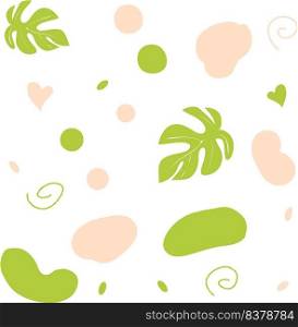 Vector pattern pink abstract pink spots and green leaves on a white background