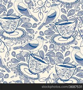 vector pattern with cups of tea, birds and berries