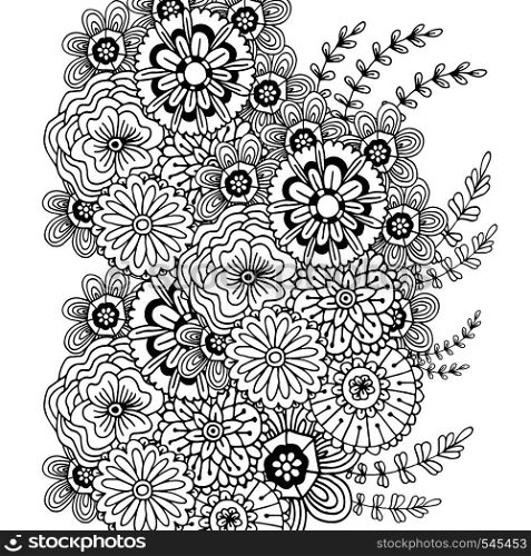 Vector pattern with doodle ornament of flowers. Adult coloring book page. Zentangle design for decoration.. Vector pattern with doodle ornament of flowers. Adult coloring book page. Zentangle design for decoration