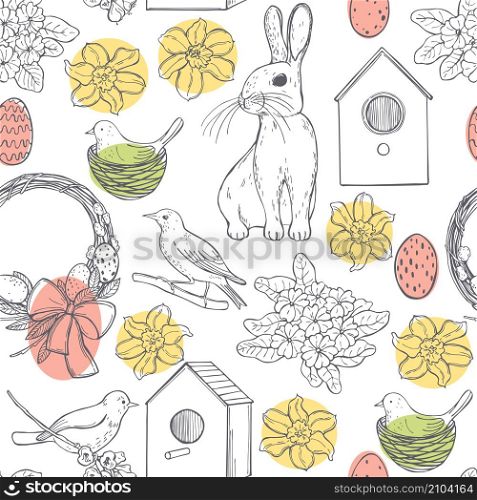 Vector pattern with Easter Bunny and spring flowers. Sketch illustration.. Vector pattern with Easter Bunny and spring flowers.