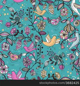 vector pattern with floral garlands and flying birds