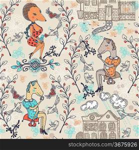vector pattern with funny animals, old fashion houses and berries