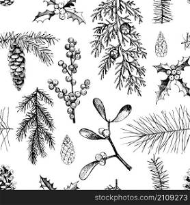 Vector pattern with hand-drawn Christmas plants . . Christmas pattern