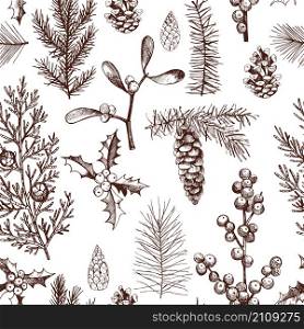 Vector pattern with hand-drawn Christmas plants . . Christmas pattern
