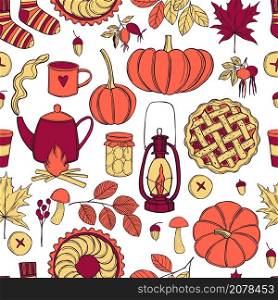 Vector pattern with pumpkins, drinks and pies. Autumn mood. Sketch illustration.. Autumn set. Vector illustration.