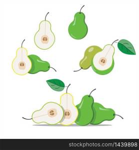 Vector pears. Cut green pear fruits, collection of vector illustrations