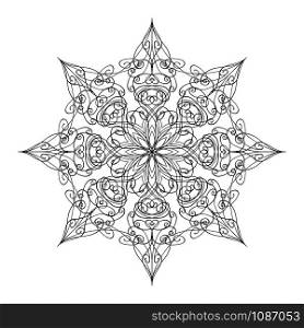 Vector pen and ink drawing of snow flake shape, round ornamental graphic design in mandala style.. Vector Round Ornamental Graphic Design, Drawing of Snowflake Shape in Mandala Style