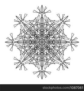 Vector pen and ink drawing of snow flake shape, round ornamental graphic design in mandala style.. Vector Round Ornamental Graphic Design, Drawing of Snowflake Shape in Mandala Style