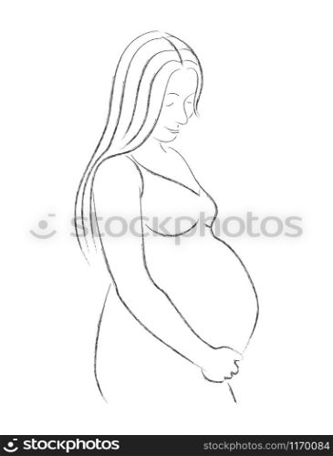Vector pencil drawing of a pregnant woman. The pregnant woman bows her head and holds her stomach. Isolated on a white background.