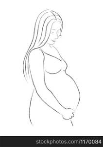 Vector pencil drawing of a pregnant woman. The pregnant woman bows her head and holds her stomach. Isolated on a white background.