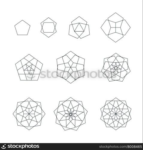 vector pentagon black outline monochrome variations sacred geometry decoration elements collection isolated white background &#xA;