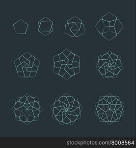 vector pentagon light outline monochrome variations sacred geometry decoration elements collection isolated dark background &#xA;