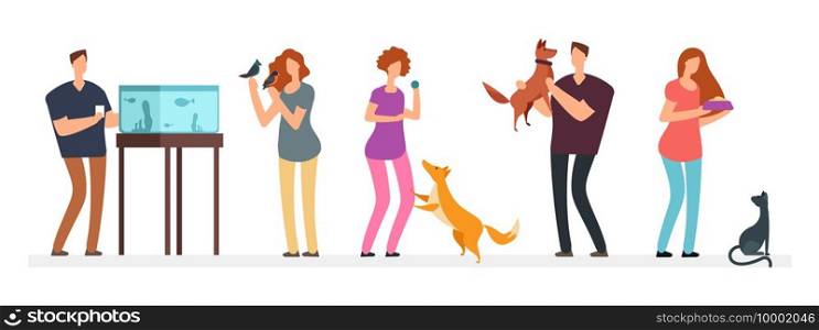 Vector people and their pets isolated on white background. Illustration people friendship, owner pet woman and man. Vector people and their pets isolated on white background