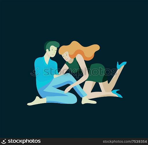 Vector people character couple hugging and spend time tygether. Colorful flat concept illustration.. Vector people character. Friends and couple hugging, walking and spend time tygether