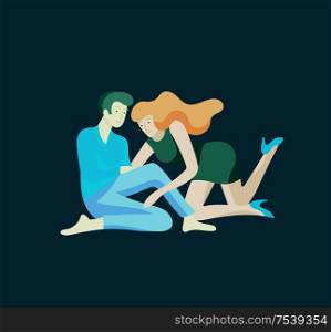 Vector people character couple hugging and spend time tygether. Colorful flat concept illustration.. Vector people character. Friends and couple hugging, walking and spend time tygether
