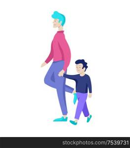 Vector people character. Father and him child spending time together, happy male parent. Colorful flat concept illustration.. Vector people character. Father and him child spending time together