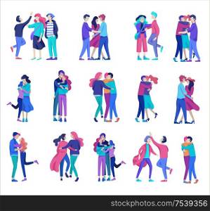 Vector people character. Friends and couple hugging, walking and spend time tygether. Colorful flat concept illustration.. Vector people character. Friends and couple hugging, walking and spend time tygether
