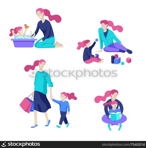 Vector people character. Mother and daughter spending time together, read a book and play, bathe the baby, walk and shopping. Colorful flat concept illustration.. Vector people character. Mother and daughter spending time together