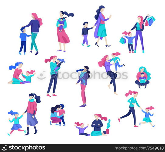 Vector people character. Mother and daughter spending time together, read a book and play, bathe the baby, walk and shopping. Colorful flat concept illustration.. Vector people character. Mother and daughter spending time together