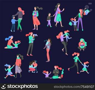 Vector people character. Mother and daughter spending time together, read a book and play, bathe the baby, walk and shopping. Colorful flat concept illustration.. Vector people character. Mother and daughter spending time together