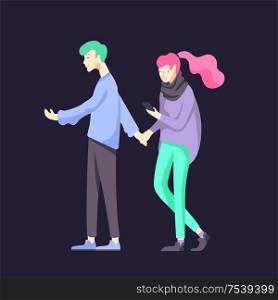Vector people character walking on the street in autumn or winter clothes, friends and couples. Colorful flat cartoon characters. Vector people character walking on the street in autumn or winter clothes
