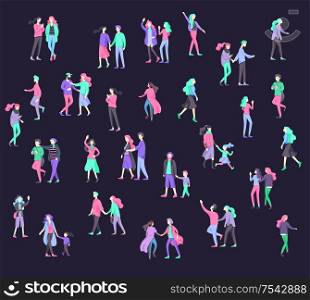 Vector people character walking on the street in autumn or winter clothes, friends and couples. Colorful Group of male and female flat cartoon characters. Vector people character walking on the street in autumn or winter clothes