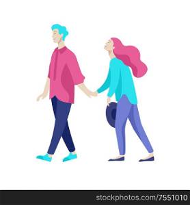 Vector people character walking on the street in autumn or winter clothes, friends and couples. Colorful Group of male and female flat cartoon characters. Vector people character walking on the street in autumn or winter clothes