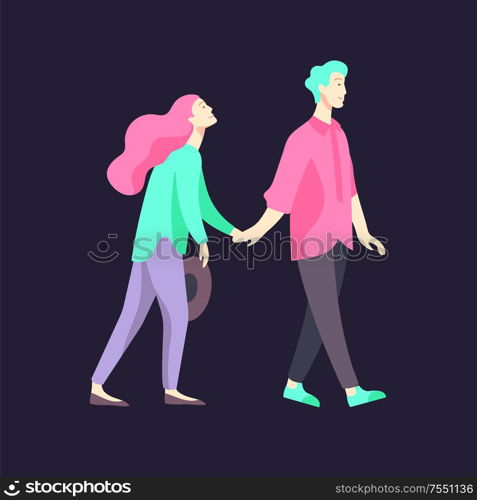 Vector people character walking on the street in autumn or winter clothes, friends and couples. Colorful Group of male and female flat cartoon characters. Vector people character walking on the street in autumn or winter clothes