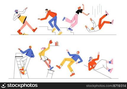 Vector people falling down stairs, ladder and on slippery floor. Cartoon flat illustration set looser men and women stumbling and slipping by accident. Risk of injury. Bad luck or misfortune concept. Vector flat people falling down stairs, ladder set
