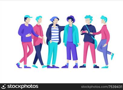Vector people happy friends character. Group of teenagers in winter or autumn trendy clother, with gadgets are walking and chatting. Colorful flat concept illustration.. Vector people friends character. Group of teenagers in winter or autumn trendy clother