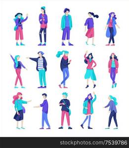 Vector people happy friends character. Group of teenagers in winter or autumn trendy clother, with gadgets are walking and chatting. Colorful flat concept illustration.. Vector people friends character. Group of teenagers in winter or autumn trendy clother