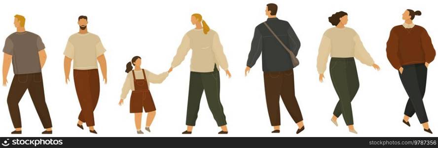 Vector people icons. Isolated flat male and female characters on white background, group of people. Man and woman, mother with child different person walking at city streets, human figures for design. Vector people icons. Isolated flat men and women characters on white background, group of people