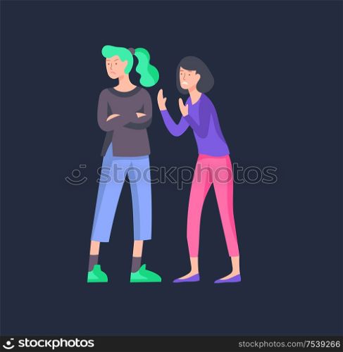 Vector people in bad emotions, character in conflict, angry or tired and in stress. Aggressive people yell at each oth er. Colorful flat concept illustration.. Vector people in bad emotions, character in conflict, angry or tired and in stress.