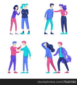 Vector people in bad emotions, character in conflict, angry or tired and in stress. Aggressive people yell at each other. Colorful flat concept illustration.. Vector people in bad emotions, character in conflict, angry or tired and in stress.