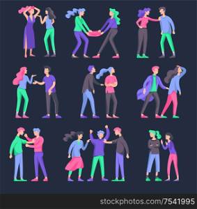 Vector people in bad emotions, character in conflict, angry or tired and in stress. Aggressive people yell at each other. Colorful flat concept illustration.. Vector people in bad emotions, character in conflict, angry or tired and in stress.