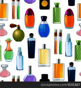 Vector perfume bottles pattern or background illustration. Perfume bottle glamour, fashion fragrance. Vector perfume bottles pattern or background illustration